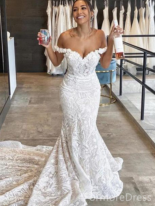 Luxury V-neck Off-Shoulder Mermaid Long Wedding Dress,  WD89