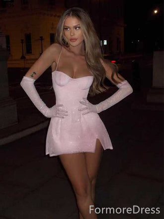 Sparkly Spaghetti Strap A-line Short Mini Homecoming Dress,  HD61