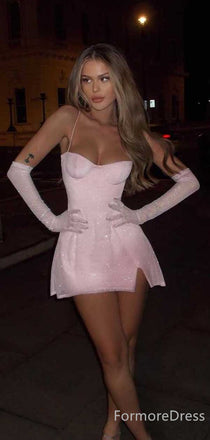 Sparkly Spaghetti Strap A-line Short Mini Homecoming Dress,  HD61