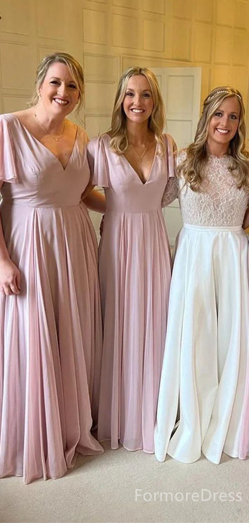 Elegant Pink V-neck A-line Long Bridesmaid Dress,  BD100