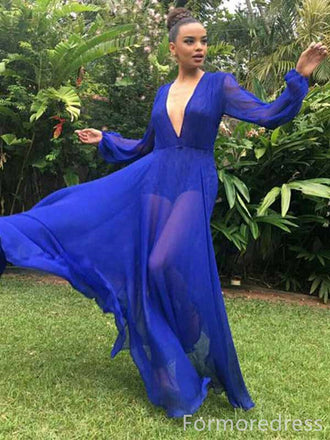 Sexy V-neck Long Sleeves See Through A-line Long Prom Dress,PD368