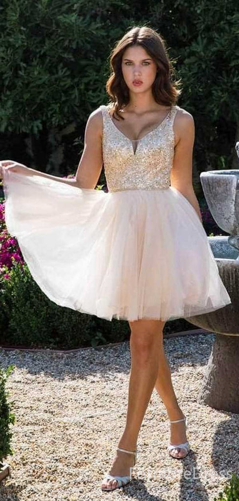 Sparkly Sequins V-neck A-line Short Mini Homecoming Dress,  HD63