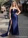 Gorgeous V-neck Dark Blue Strapless Split Side A-line Long Prom Dress,PD361