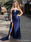 Gorgeous V-neck Dark Blue Strapless Split Side A-line Long Prom Dress,PD361