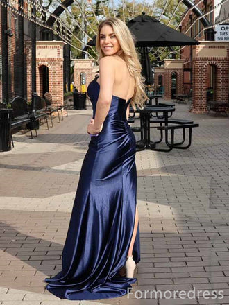 Gorgeous V-neck Dark Blue Strapless Split Side A-line Long Prom Dress,PD361