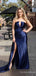 Gorgeous V-neck Dark Blue Strapless Split Side A-line Long Prom Dress,PD361
