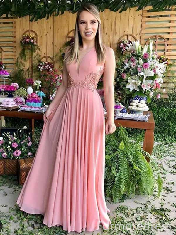 Gorgeous Pink V-neck A-line Long Prom Dress,PD356
