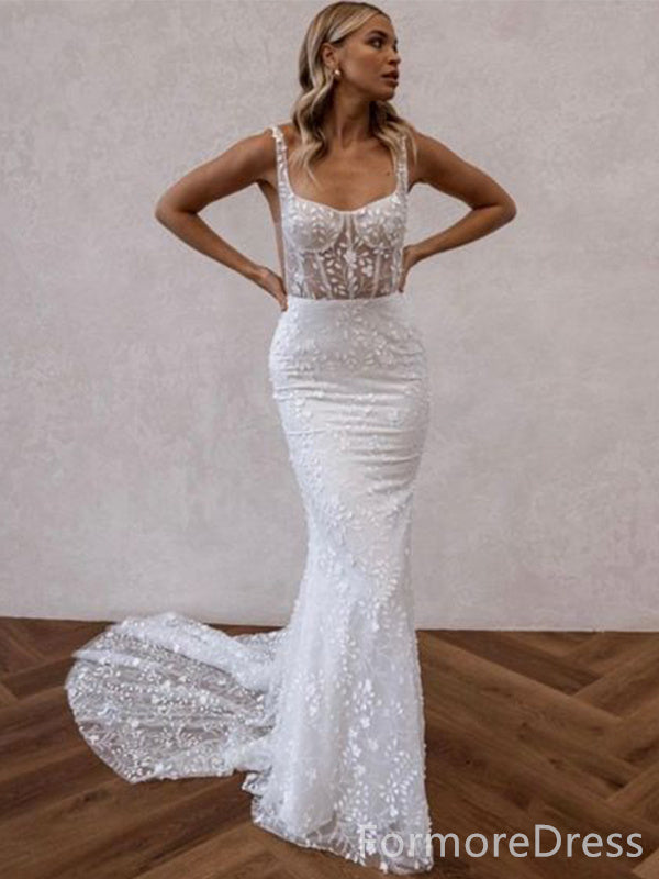 Popular Square Lace Mermaid Long Wedding Dress,  WD92