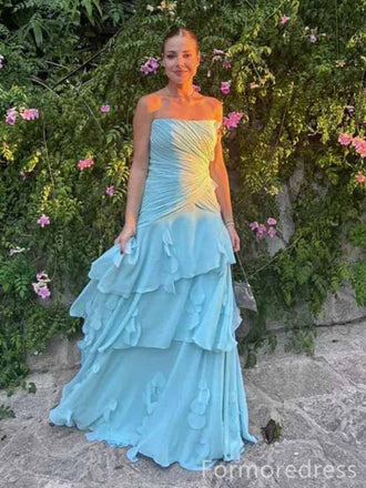Elegant Light Blue Strapless A-line Long Prom Dress,PD354