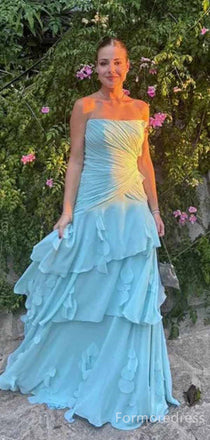Elegant Light Blue Strapless A-line Long Prom Dress,PD354