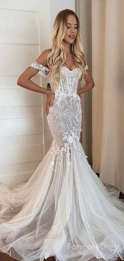 Elegant Sweatheart Off-Shoulder Lace Mermaid Long Wedding Dress,  WD93