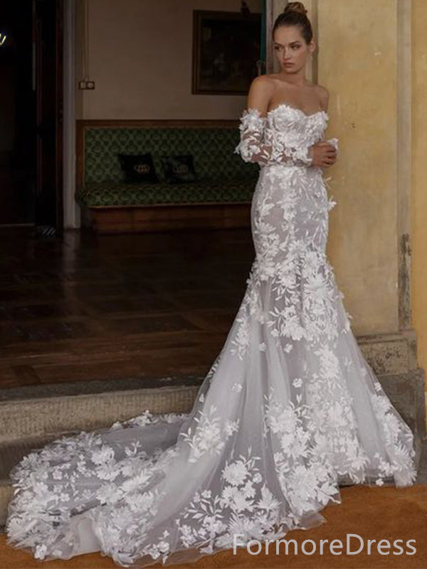 Luxury Sweatheart Strapless Lace Appliques Mermaid Long Wedding Dress, WD94