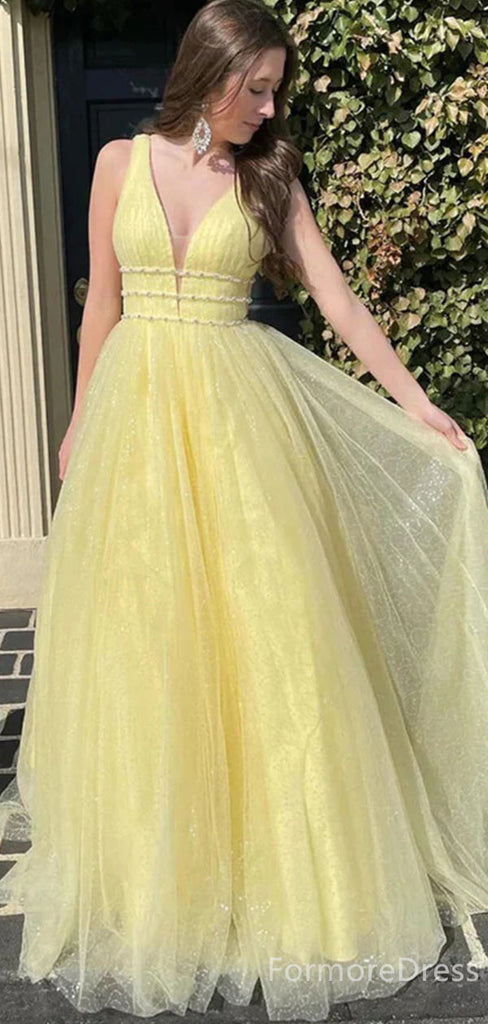 Elegant Yellow V-neck A-line Long Prom Dress,  PD77