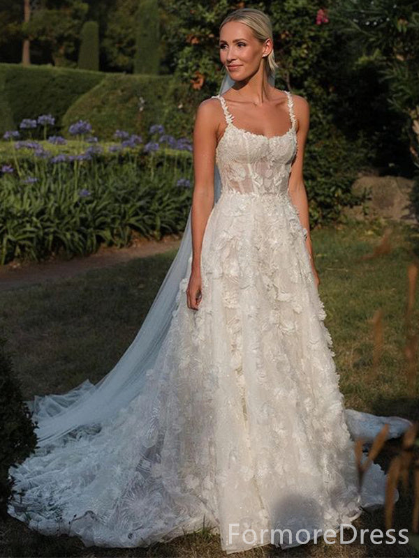 Elegant Spaghetti Strap Lace Appliques A-line Long Wedding Dress, WD96