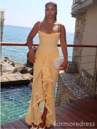 Elegant Yellow Spaghetti Strap Split Side Mermaid Long Prom Dress,PD373