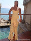 Elegant Yellow Spaghetti Strap Split Side Mermaid Long Prom Dress,PD373