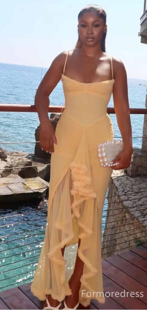 Elegant Yellow Spaghetti Strap Split Side Mermaid Long Prom Dress,PD373