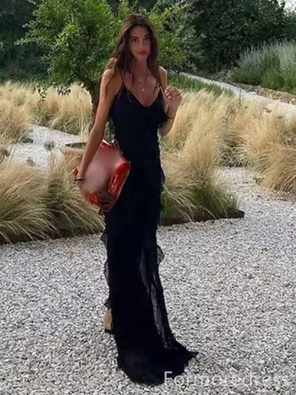 Elegant V-neck Spaghetti Strap Split Side Mermaid Long Prom Dress,PD377