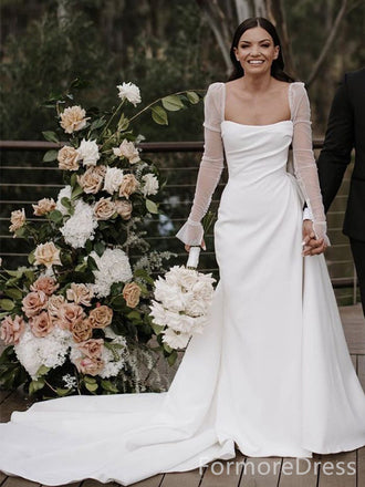 Simple Square Long Sleeves A-line Long Wedding Dress, WD97