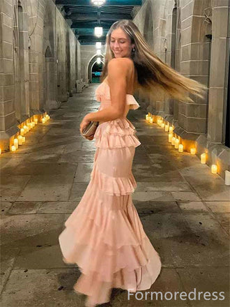 Elegant Light Pink V-neck Strapless A-line Long Prom Dress,PD387