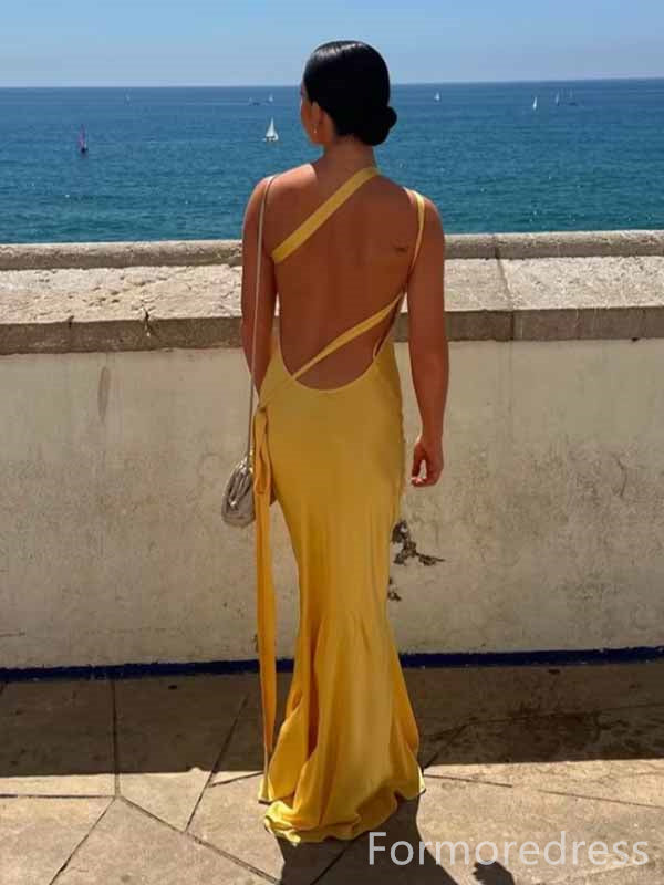 Elegant Yellow One Shoulder Backless Mermaid Long Prom Dress,PD397