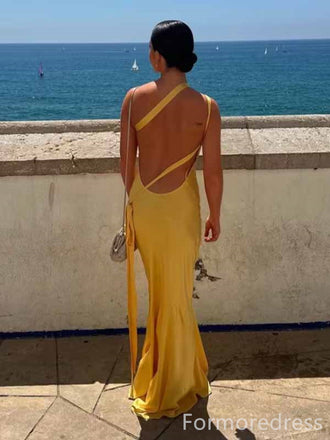 Elegant Yellow One Shoulder Backless Mermaid Long Prom Dress,PD397