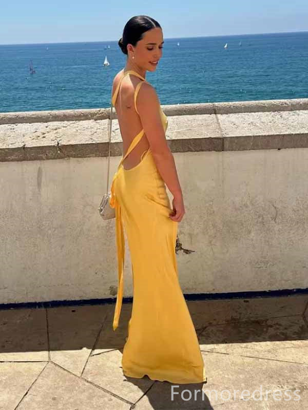 Elegant Yellow One Shoulder Backless Mermaid Long Prom Dress,PD397