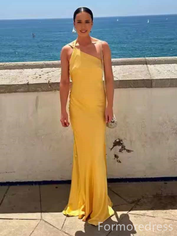 Elegant Yellow One Shoulder Backless Mermaid Long Prom Dress,PD397