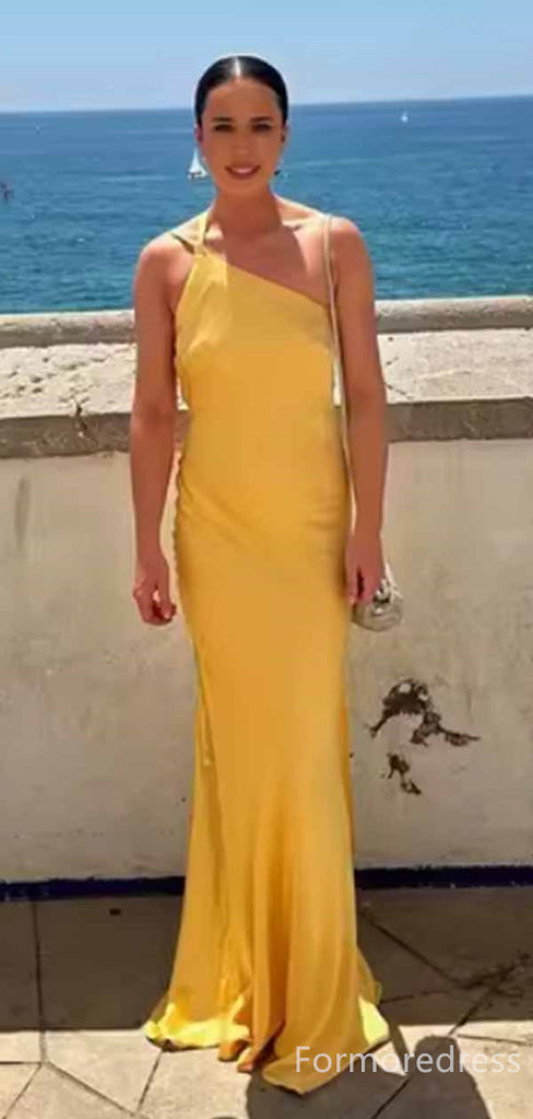 Elegant Yellow One Shoulder Backless Mermaid Long Prom Dress,PD397