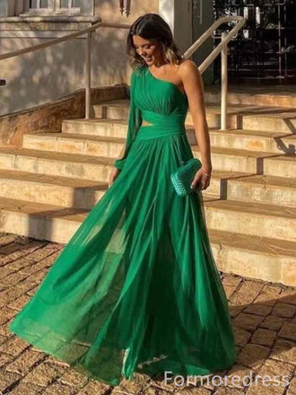 Elegant One Shoulder Long Sleeves A-line Long Prom Dress,PD401