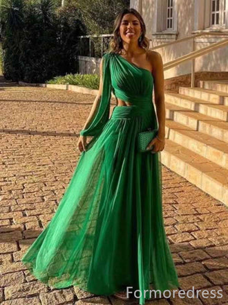 Elegant One Shoulder Long Sleeves A-line Long Prom Dress,PD401