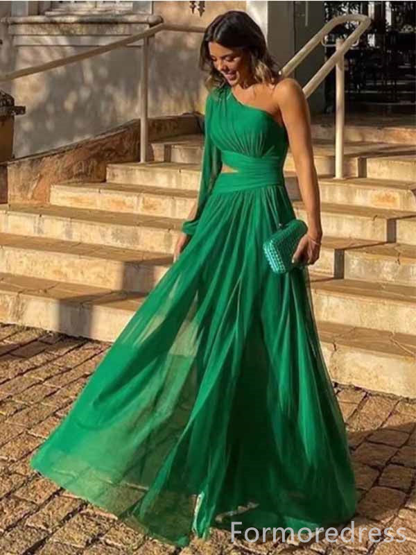 Elegant One Shoulder Long Sleeves A-line Long Prom Dress,PD401