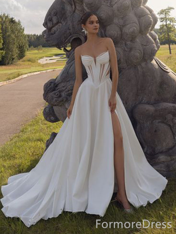 Simple Strapless Split Side A-line Long Wedding Dress, WD99