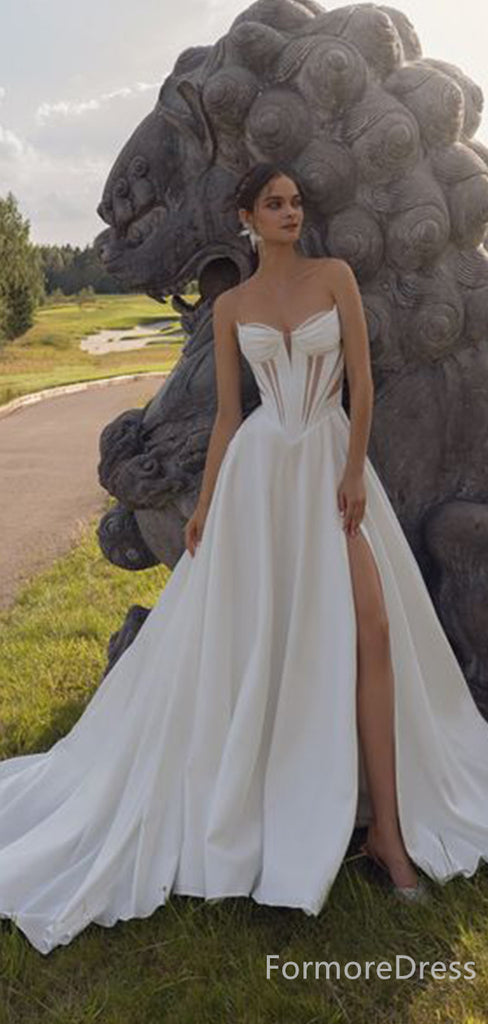 Simple Strapless Split Side A-line Long Wedding Dress, WD99