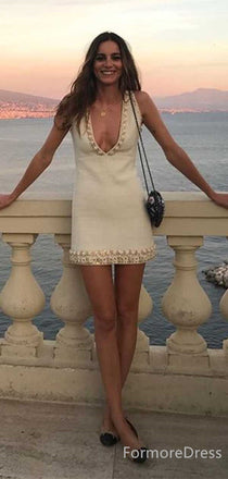 Simple V-neck Sleeveless A-line Short Mini Homecoming Dress,  HD70