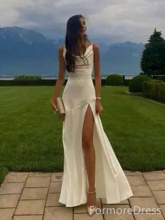 Elegant Ivory Spaghetti Strap Split Side Mermaid Long Prom Dress,PD394