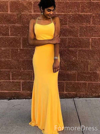 Simple Yellow Spaghetti Strap Mermaid Long Prom Dress,PD388