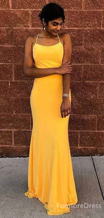 Simple Yellow Spaghetti Strap Mermaid Long Prom Dress,PD388