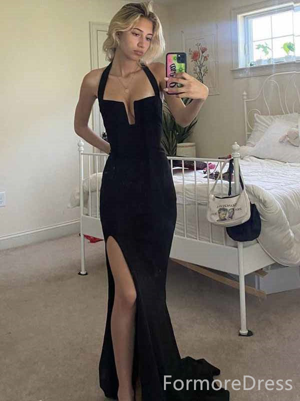 Elegant Black Halter Split Side Mermaid Long Prom Dress,PD384