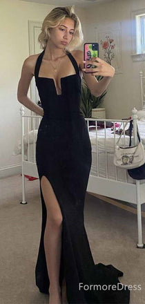 Elegant Black Halter Split Side Mermaid Long Prom Dress,PD384