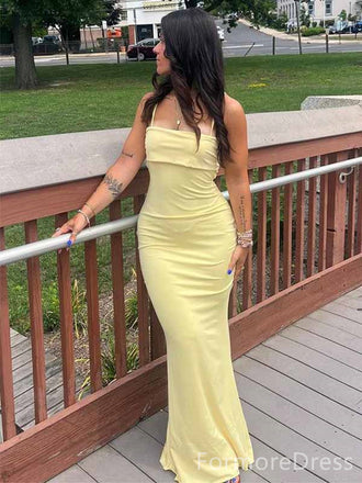 Elegant Yellow Spaghetti Strap Mermaid Long Prom Dress,PD378