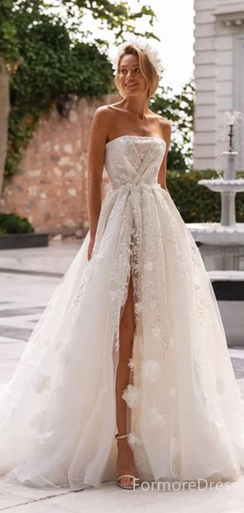 Elegant Strapless Split Side Lace Appliques A-line Long Wedding Dress, WD101