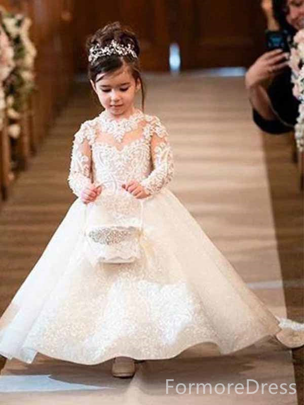 Gorgeous Lace Long Sleeves A-line Long Flower Girl Dress,  FGD104