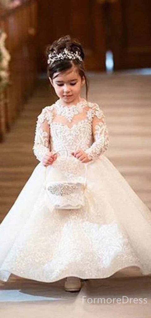 Gorgeous Lace Long Sleeves A-line Long Flower Girl Dress,  FGD104