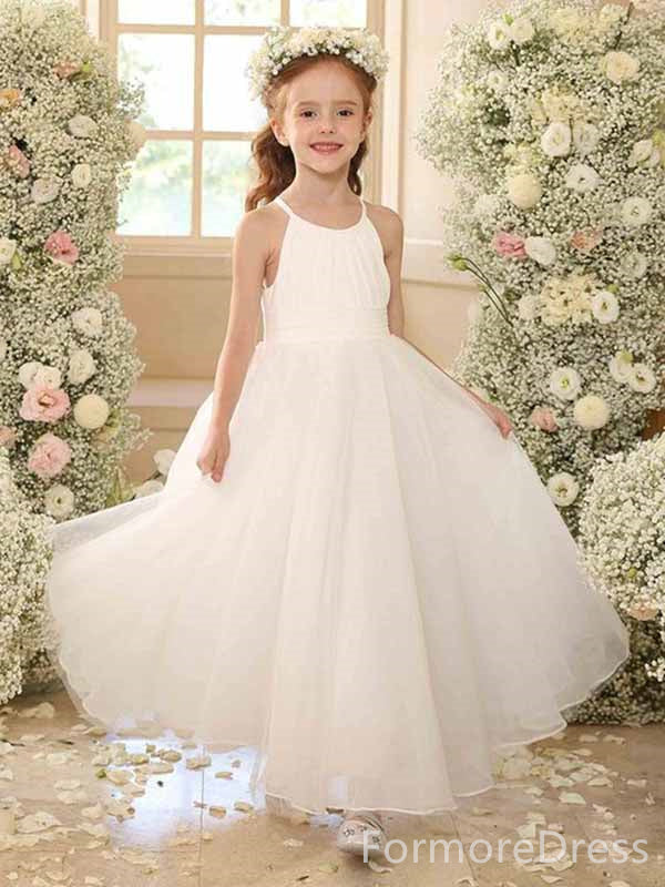 Elegant White A-line Long Flower Girl Dress,  FGD102