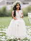 Elegant V-neck Lace Appliques White A-line Long Flower Girl Dress,  FGD96