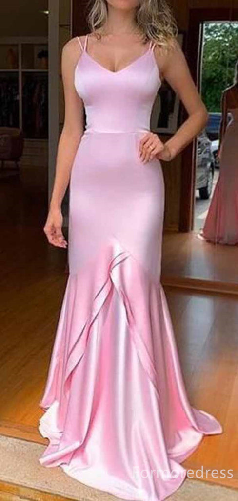 Elegant V-neck Pink Spaghetti Strap Mermaid Long Prom Dress,PD406
