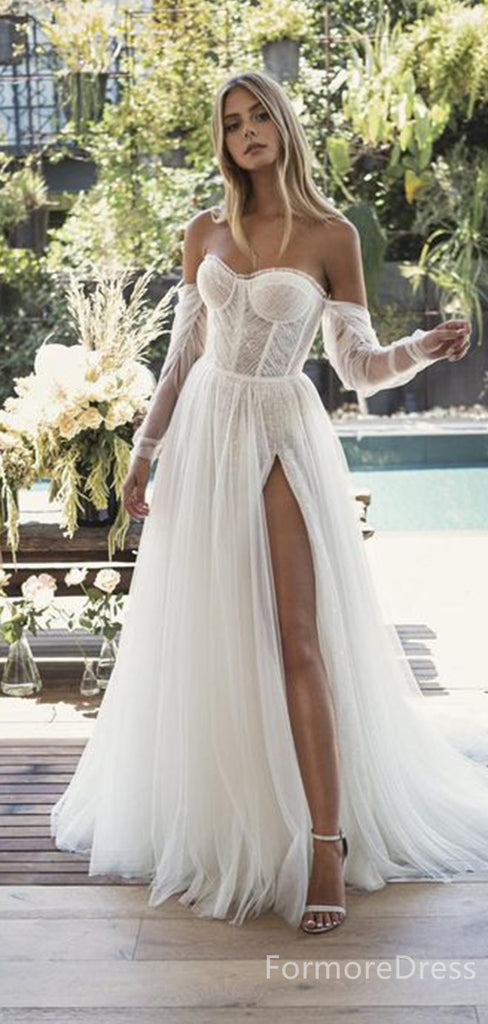 Elegant Sweatheart Off-Shoulder Split Side Long Wedding Dress, WD106