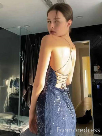 Sparkly V-neck Spaghetti Strap Side Slit Mermaid Long Prom Dress,PD417