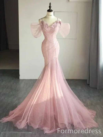 Elegant V-neck Pink Off-Shoulder Mermaid Long Prom Dress,PD423